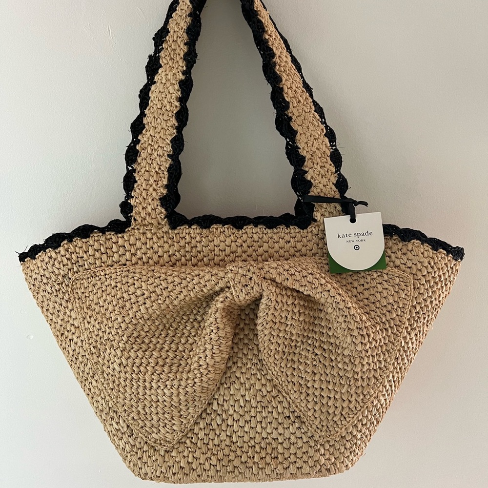 NWT Kate Spade Natural Woven Tote with Black Trim